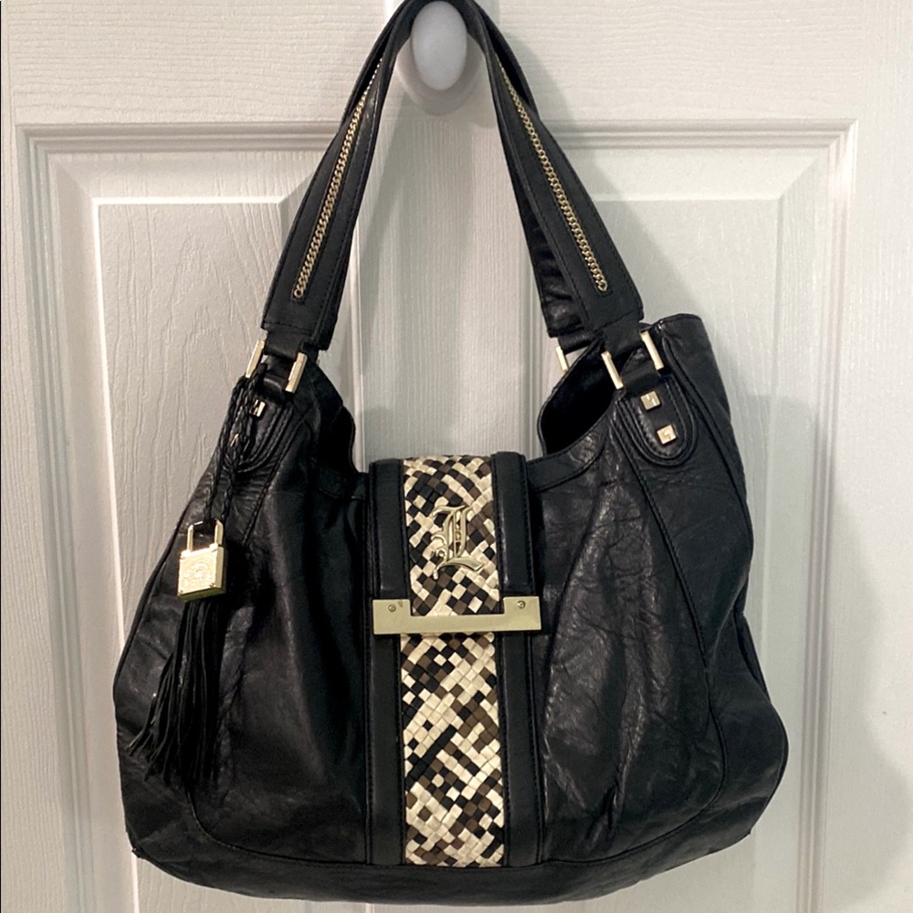 L.A.M.B- Black Leather Handbag with Gold Accents